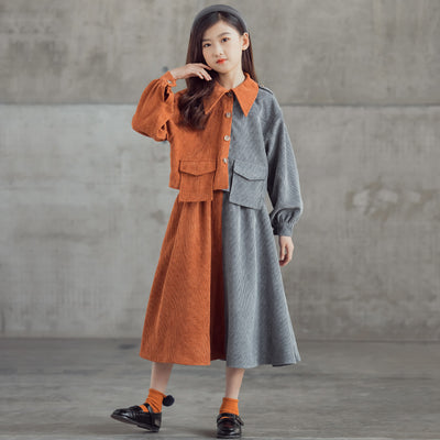 Young girl in a pink and brown color-block corduroy two-piece dress set with a collared top and midi skirt. - Image 5