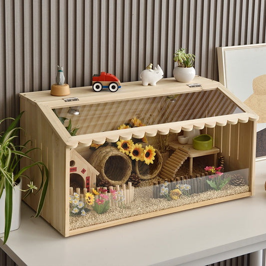 Wooden pet incubator with a clear acrylic skylight lid, measuring 40x30x30cm, suitable for small animals.