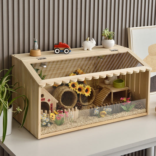 Wooden pet incubator with a clear acrylic skylight lid, measuring 40x30x30cm, suitable for small animals.