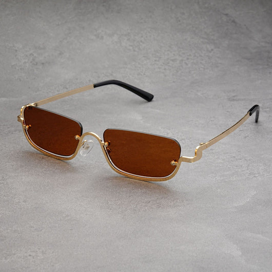 Gold frame semi-rimless sunglasses with brown rectangular lenses and black temple tips on a white background. - Image 11