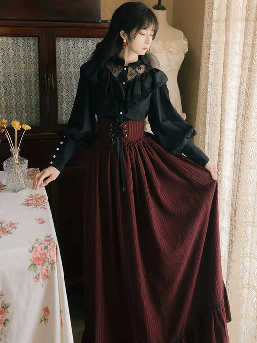 Conjunto Retro Elegante: Blusa Manga Larga y Falda Midi - Image 18