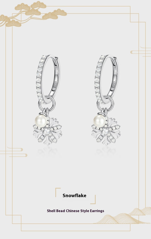 Aretes de Plata S925 con Perla y Diseño de Copo de Nieve - Image 8