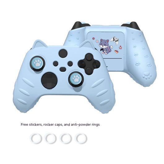 Light yellow silicone Xbox Series controller cover with cat ears, paw print joystick caps, and a cartoon cat sticker. - Image 11