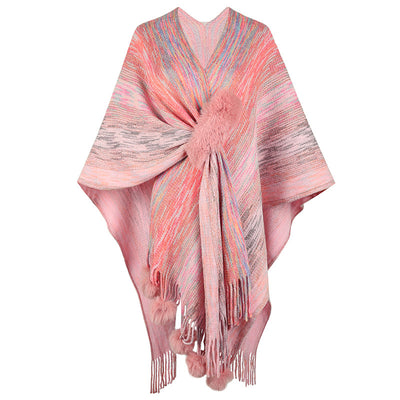 Abrigo Poncho Tejido con Borlas de Colores Contrastantes para Mujer - Image 13