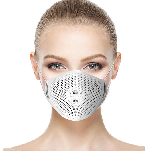 Light blue dust mask with perforated design and central breathing valve, worn by a woman. - Image 5