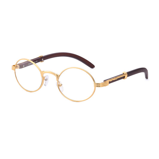 Retro oval sunglasses with gold metal frames and dark wood-like temples, featuring gradient black lenses. - Image 20