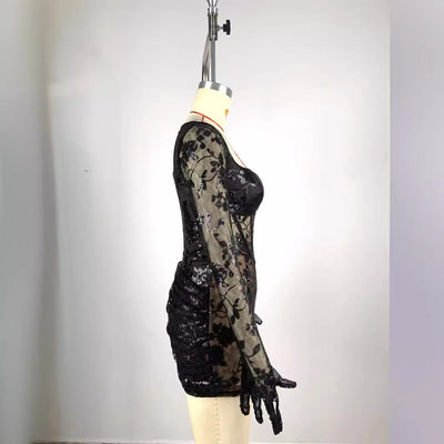 Vestido Ajustado Mini con Cuello Cuadrado y Encaje Espina de Pescado Negro - Image 3