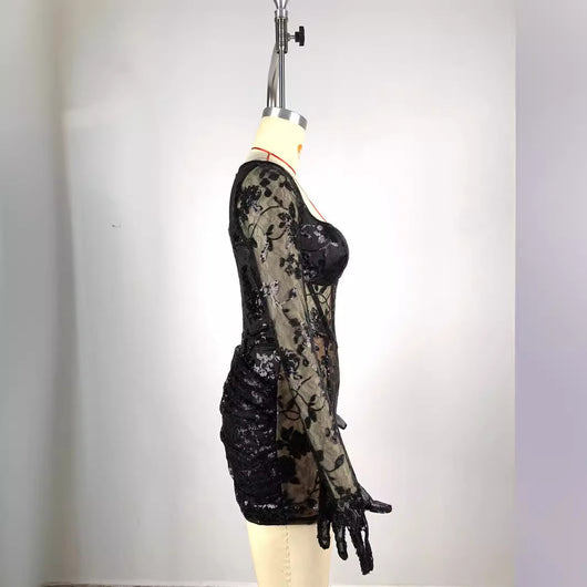 Vestido Ajustado Mini con Cuello Cuadrado y Encaje Espina de Pescado Negro - Image 3