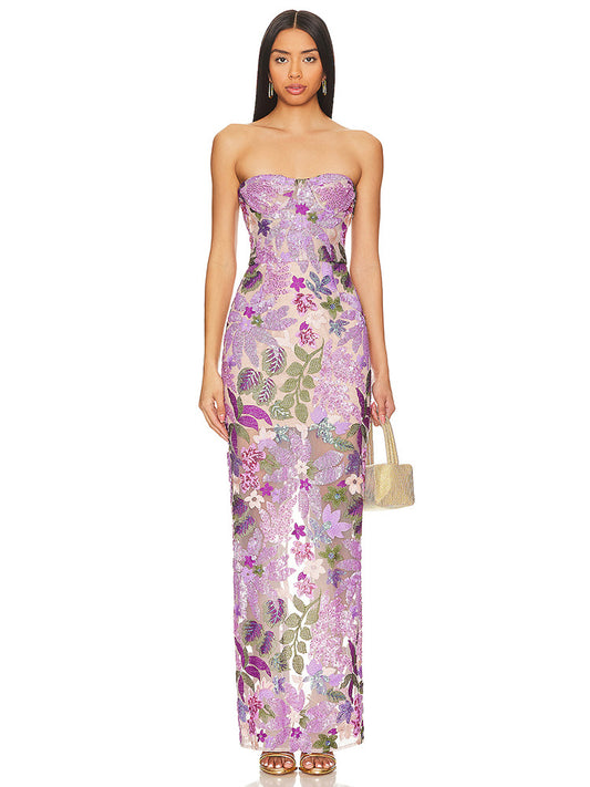 Vestido Bandeau Morado con Lentejuelas Bordadas y Ajuste Slim - Image 2