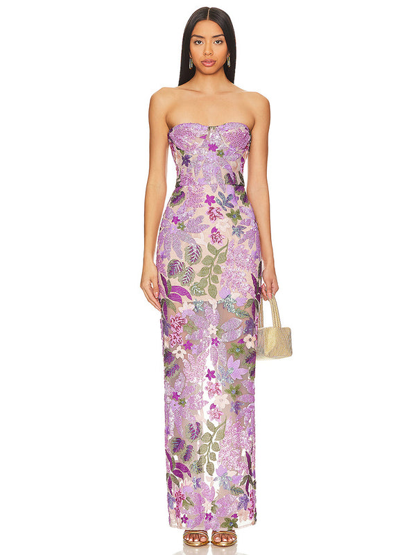Vestido Bandeau Morado con Lentejuelas Bordadas y Ajuste Slim