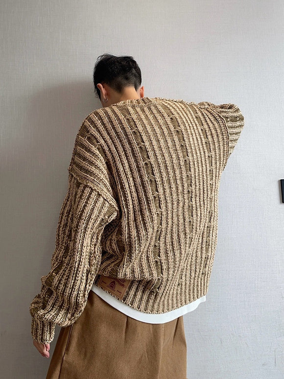 Men's Retro Loose Khaki Green Ribbed Double-Sided Sweater