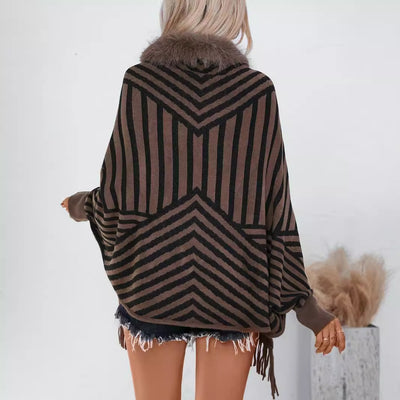 Poncho Tejido de Rayas Otoño Invierno con Flecos Elegante - Image 3