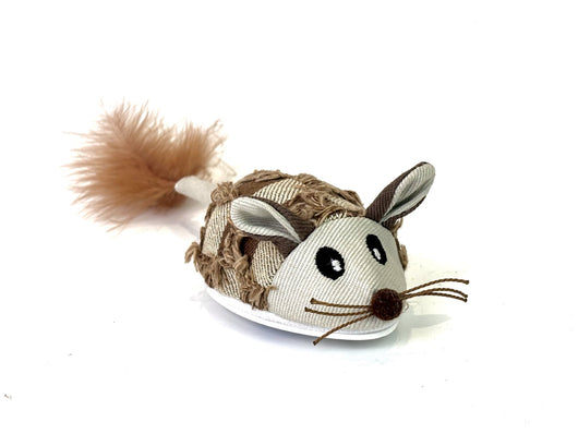 Plush mouse cat toy with a textured brown and beige body, embroidered eyes, string whiskers, and a fluffy feather tail. - Image 13