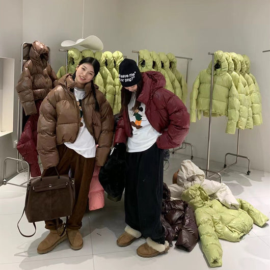 Chaqueta Acolchada Mujer Europea Blanca Corta Suelta Plumas de Pato Gorro Desmontable