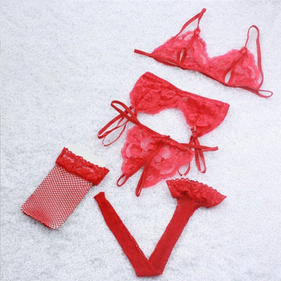 Conjunto de 4 Piezas: Liguero de Encaje, Medias de Malla y Ropa Interior Sensual - Image 13