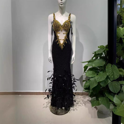 Vestido Sling Negro con Lentejuelas de Pluma - Image 4