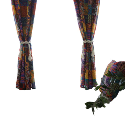 Bohemian retro style cotton linen curtains with a vibrant geometric patchwork pattern, one tied back with a rope. - Image 5