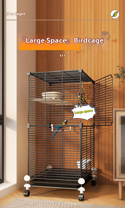 Large black metal bird cage with two columns and three levels, including perches, platforms, food bowls, and a pull-out tray. Two parrots are visible inside. - Image 12
