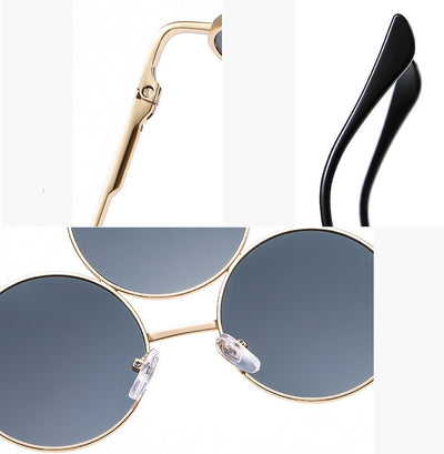 Red lens round sunglasses with a gold metal frame and an extra small round lens above the left eye. - Image 17