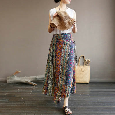 Falda Larga de Lino y Algodón con Estampado Retro - Corte A Irregular Talla Grande - Image 5