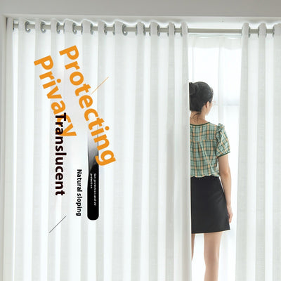 White translucent thickened sunscreen curtain made of hemp yarn with grommet top, hanging in a modern window. - Image 4