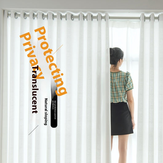 White translucent thickened sunscreen curtain made of hemp yarn with grommet top, hanging in a modern window. - Image 4