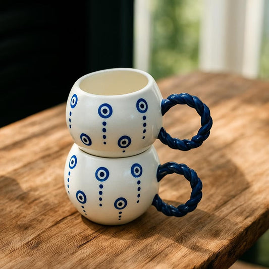 Juego de 2 Tazas de Cerámica Artesanal con Símbolo del Ojo de Dios