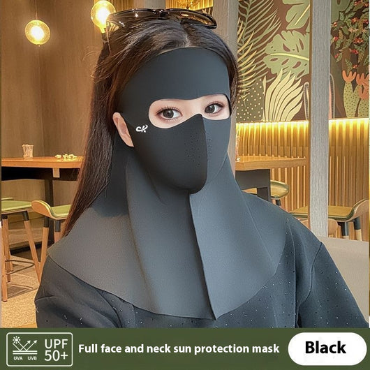 Light gray ice silk full face sun protection mask with neck coverage and ear hooks, offering UPF 50+ UV protection. - Image 5