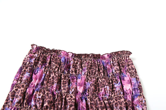 Three-piece bikini set with a brown leopard and pink floral print halter top, matching bottom, and ruched mini skirt. - Image 14