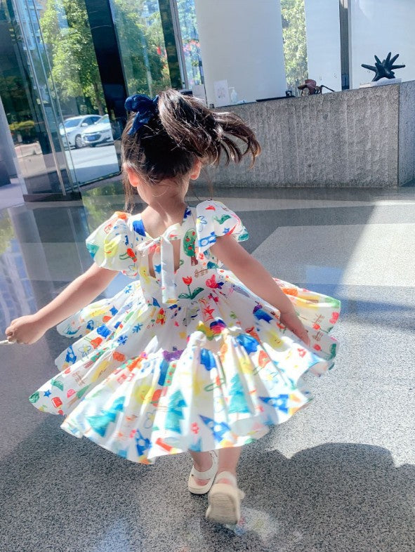 Vestido Infantil Estilo Coreano con Mangas Abullonadas y Falda Colorida