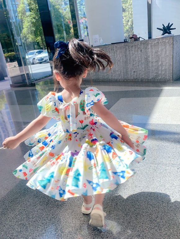 Vestido Infantil Estilo Coreano con Mangas Abullonadas y Falda Colorida