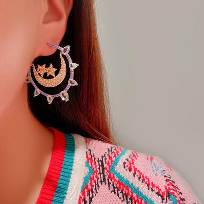 Aretes de Temperamento con Diamantes, Circonitas y Lunas Estrelladas - Image 6