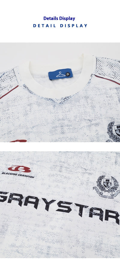 White short sleeve t-shirt with black and white abstract print, round neck, and 'GRAYSTAR' text on the front. - Image 8
