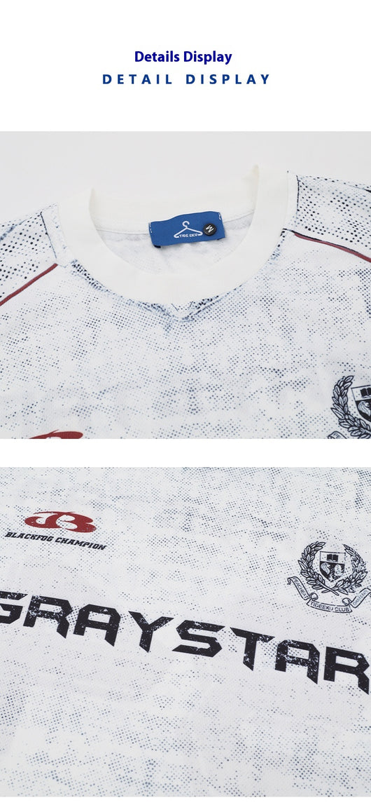 White short sleeve t-shirt with black and white abstract print, round neck, and 'GRAYSTAR' text on the front. - Image 8