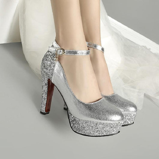 Zapatos de Novia Blancos con Plataforma Impermeable y Lentejuelas Doradas