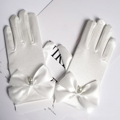 Guantes de Satén para Novia con Moño y Perlas Colgantes Estilo Princesa