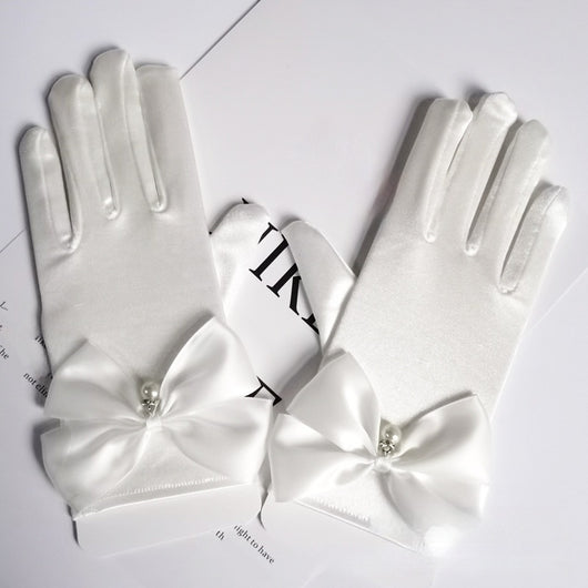Guantes de Satén para Novia con Moño y Perlas Colgantes Estilo Princesa