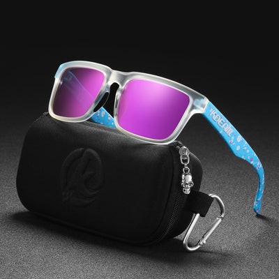Men's and women's dazzling blue and black striped polarized sunglasses with gray lenses and a black case. - Image 56