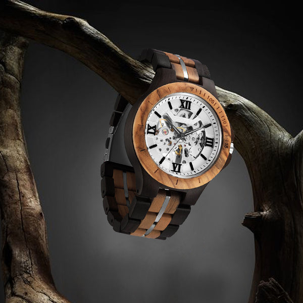 Reloj Mecánico Automático Artesanal en Madera Pura para Hombre