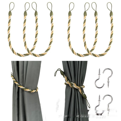 Four beige twisted rope curtain tie-backs with loops, shown with two silver screw-in hooks and on sheer white curtains. - Image 3
