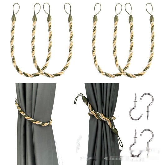 Four beige twisted rope curtain tie-backs with loops, shown with two silver screw-in hooks and on sheer white curtains. - Image 3