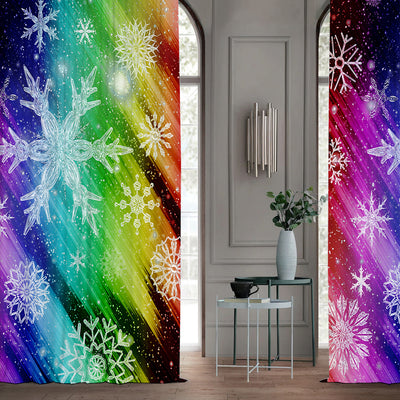 Pair of Christmas curtains with a 3D digital print of a snowy winter window scene, frosted trees, and snowflakes. - Image 36