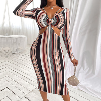Vestido de Manga Larga a Rayas con Pecho Cruzado para Mujer - Image 12