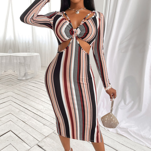 Vestido de Manga Larga a Rayas con Pecho Cruzado para Mujer - Image 12