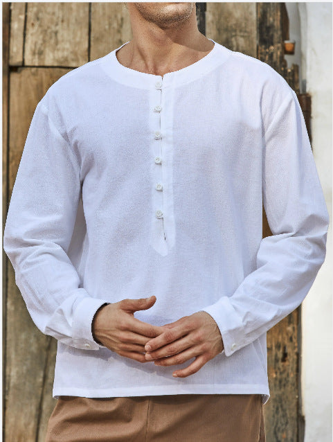 Camisa de Algodón y Lino con Cuello Redondo y Botones - Manga Larga Tendencia - Image 2
