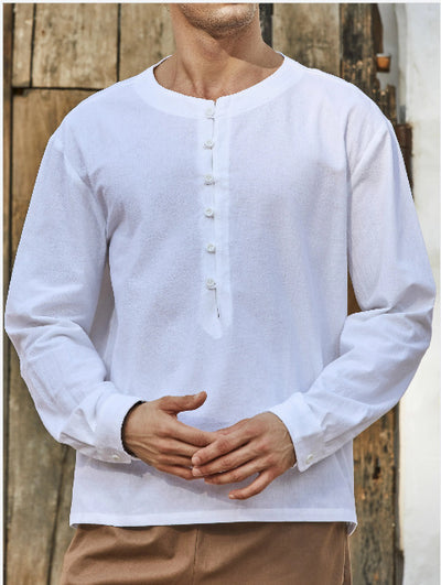 Camisa de Algodón y Lino con Cuello Redondo y Botones - Manga Larga Tendencia - Image 2