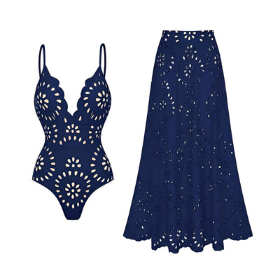 Navy blue women's one-piece swimsuit and matching midi skirt set with laser-cut floral patterns and scalloped edges. - Image 3