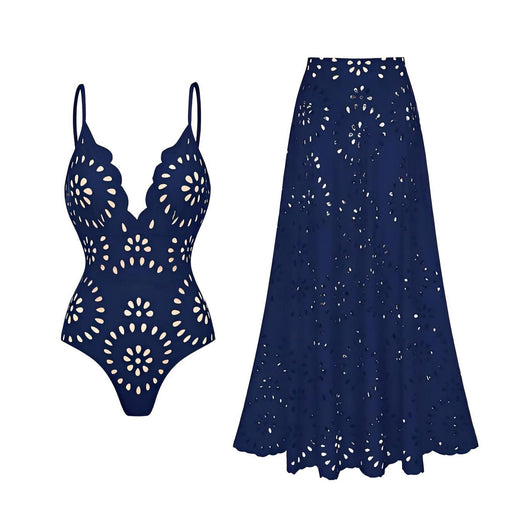 Navy blue women's one-piece swimsuit and matching midi skirt set with laser-cut floral patterns and scalloped edges. - Image 3