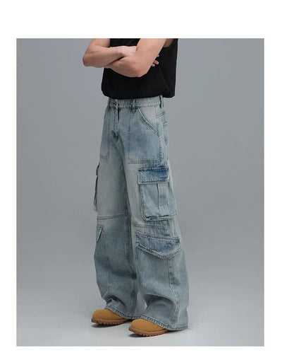 Pantalones Vaqueros de Trabajo Multibolsillos Lavados - Corte Ancho Casual para Hombre - Image 14