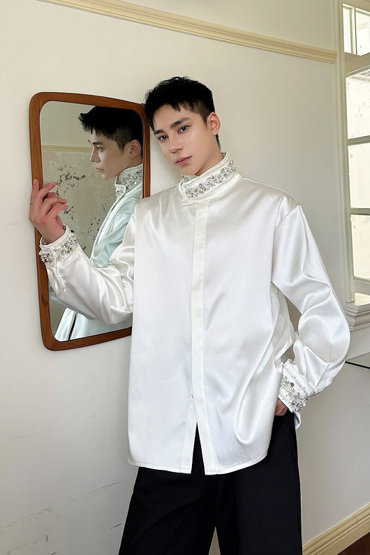 Camisa de Satén Elegante para Hombre con Cuello Mao y Detalles de Lentejuelas Brillantes - Image 5